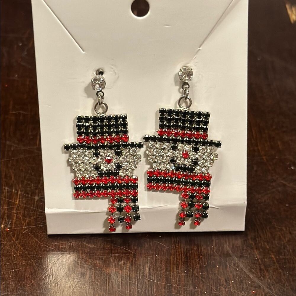 Festive Snowman Drop Earrings in Red, Black, and White